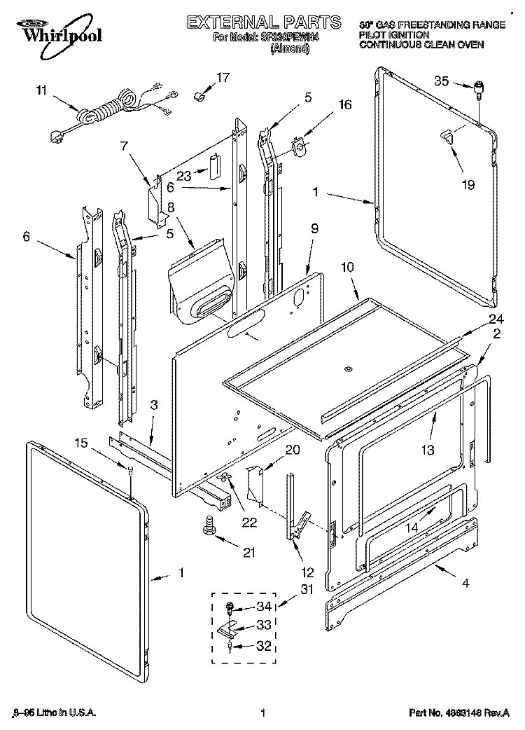 EXTERNAL Diagram and Parts List for SF330PEWN4  Whirlpool Range