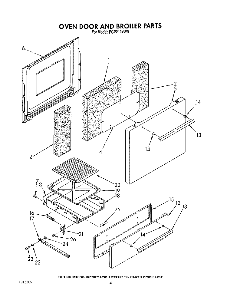 OVEN DOOR AND BROILER Diagram and Parts List for FGP210VL0  Whirlpool Range