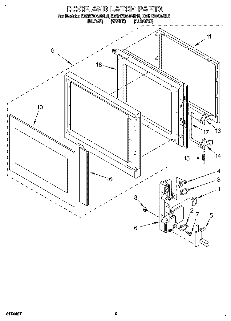 DOOR AND LATCH Diagram and Parts List for KEMS306BBL0  KitchenAid Wall Oven