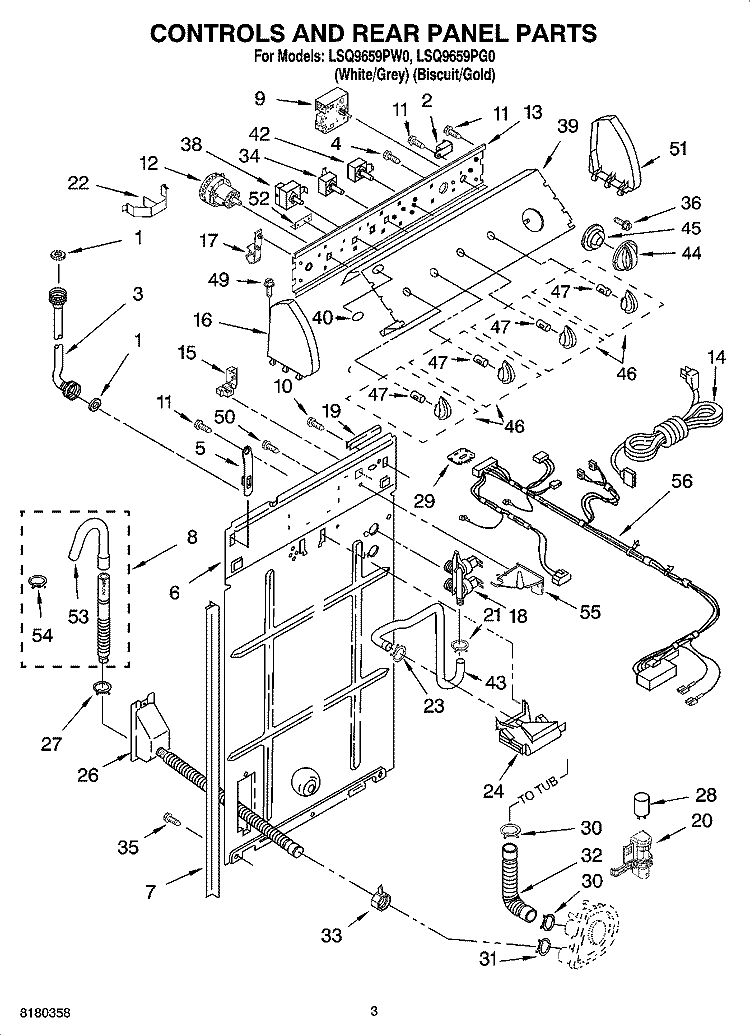 CONTROLS AND REAR PANEL PARTS Diagram and Parts List for LSQ9659PG0  Whirlpool Washer