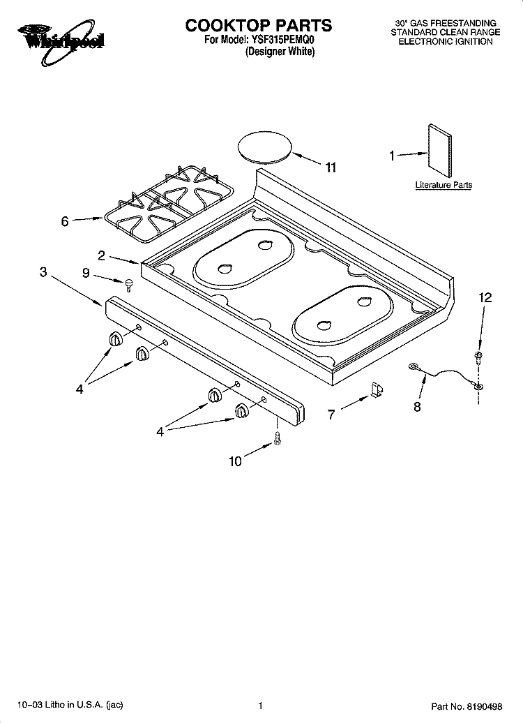 COOKTOP PARTS Diagram and Parts List for YSF315PEMQ0  Whirlpool Range