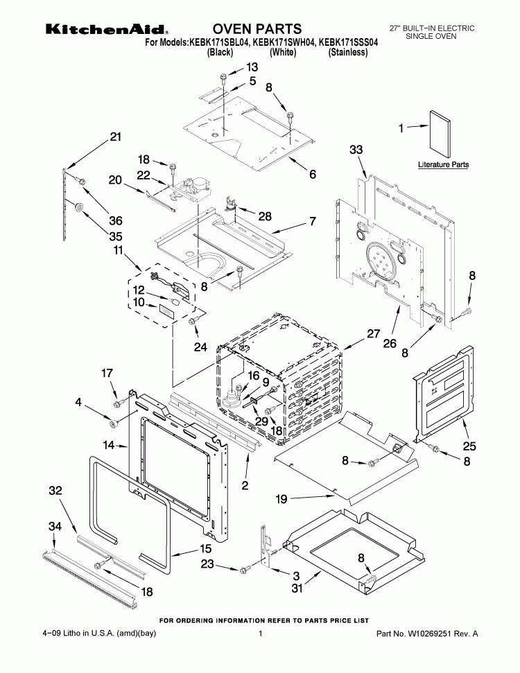 OVEN PARTS Diagram and Parts List for KEBK171SWH04  KitchenAid Wall Oven