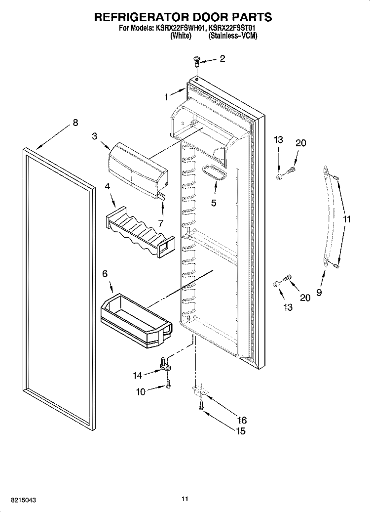 REFRIGERATOR DOOR PARTS Diagram and Parts List for KSRX22FSWH01  KitchenAid Refrigerator