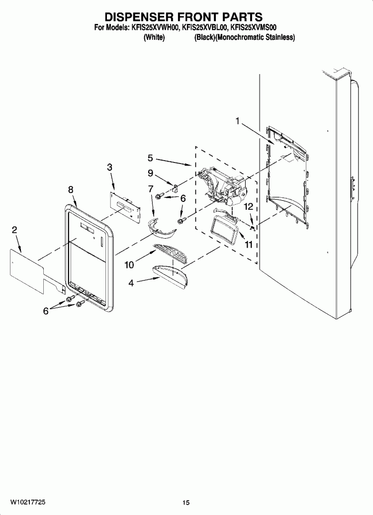 DISPENSER FRONT PARTS Diagram and Parts List for KFIS25XVMS00  KitchenAid Refrigerator