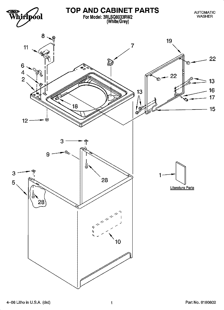 TOP AND CABINET PARTS Diagram and Parts List for 3RLSQ8033RW2  Whirlpool Washer