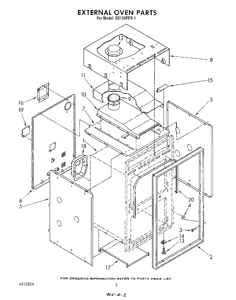 EXTERNAL OVEN Diagram and Parts List for SB130PER1  Whirlpool Range