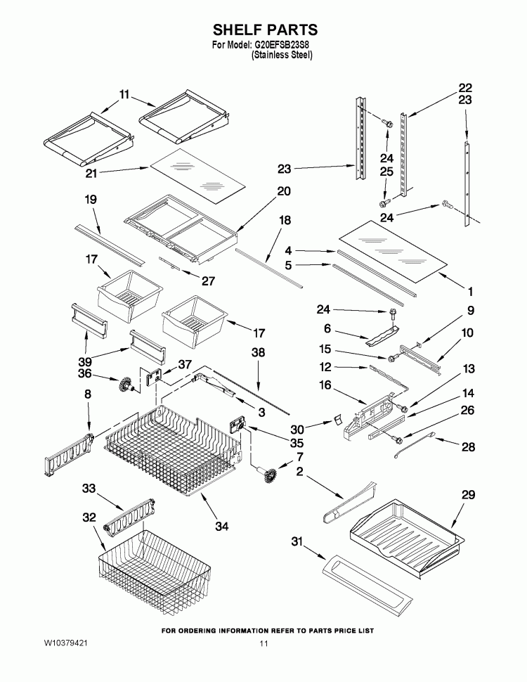 SHELF PARTS Diagram and Parts List for G20EFSB23S8  Whirlpool Refrigerator