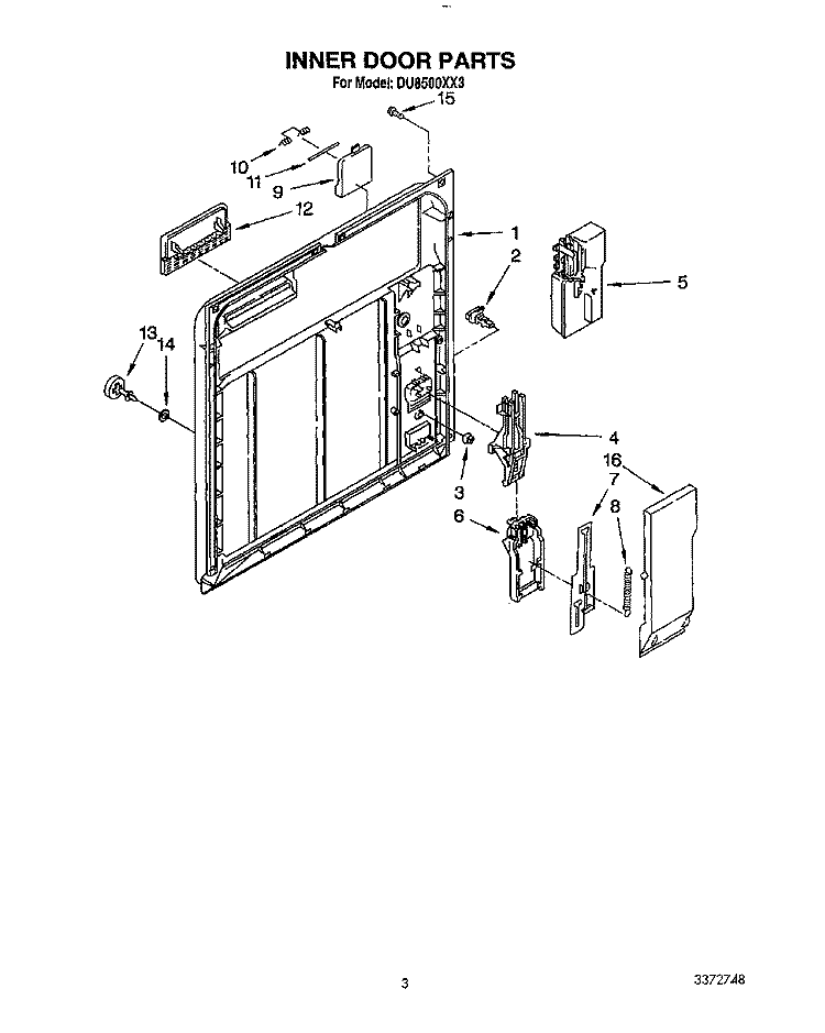 INNER DOOR Diagram and Parts List for DU8500XX3  Whirlpool Dishwasher