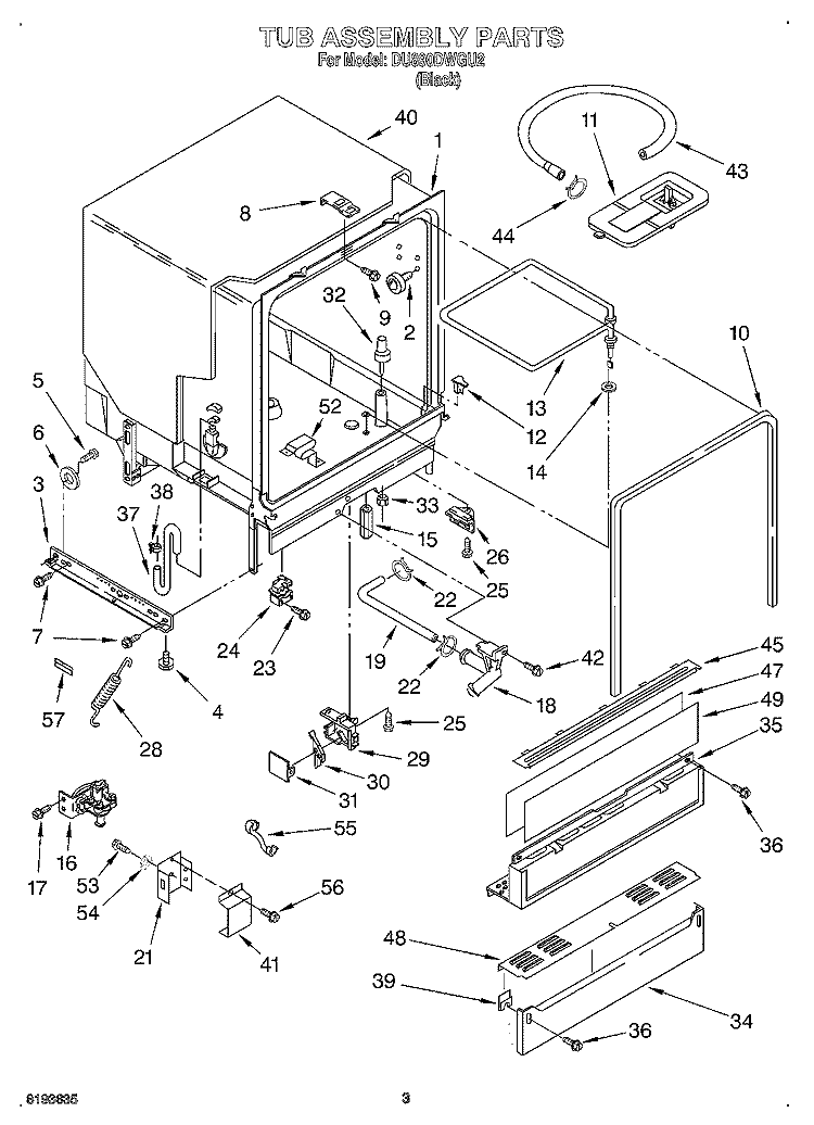TUB ASSEMBLY Diagram and Parts List for DU890DWGU2  Whirlpool Dishwasher