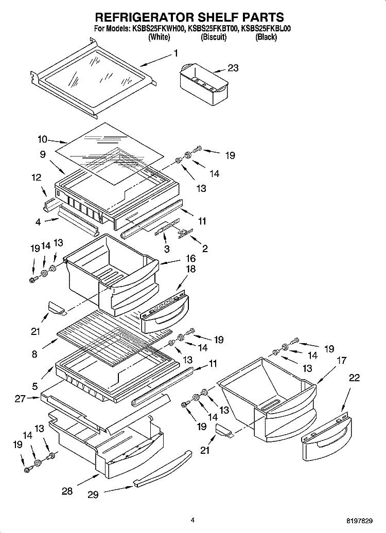 REFRIGERATOR SHELF PARTS Diagram and Parts List for KSBS25FKBT00  KitchenAid Refrigerator