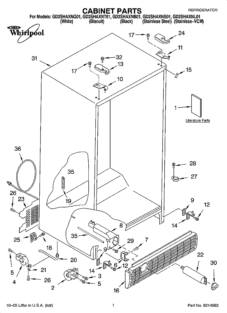 CABINET PARTS Diagram and Parts List for GD2SHAXNL01  Whirlpool Refrigerator