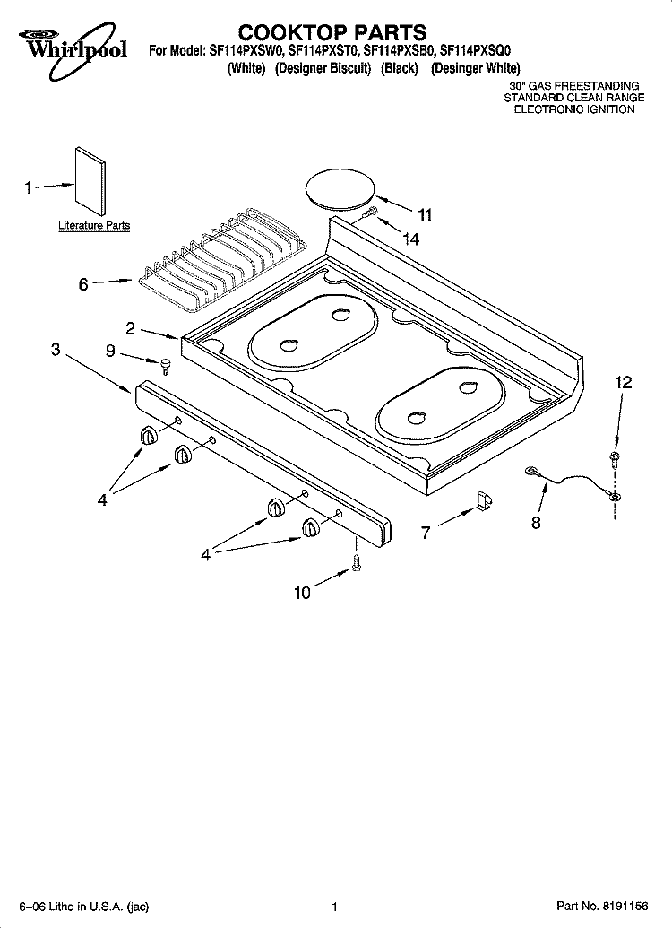 COOKTOP PARTS Diagram and Parts List for SF114PXST0  Whirlpool Range