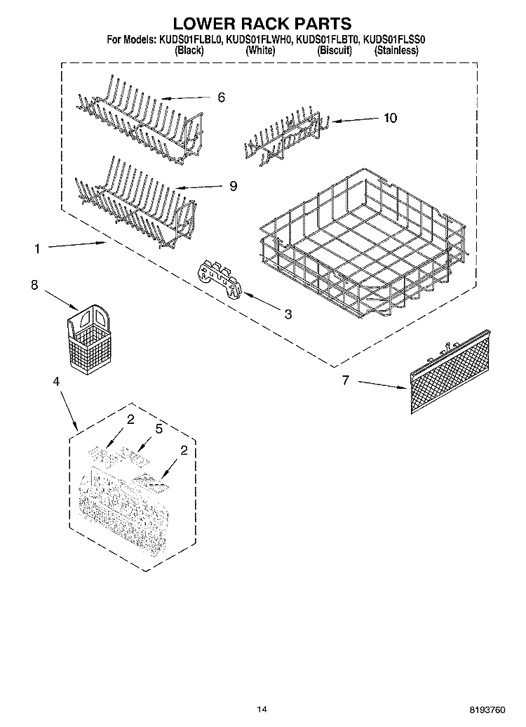LOWER RACK Diagram and Parts List for KUDS01FLBS0  Whirlpool Dishwasher