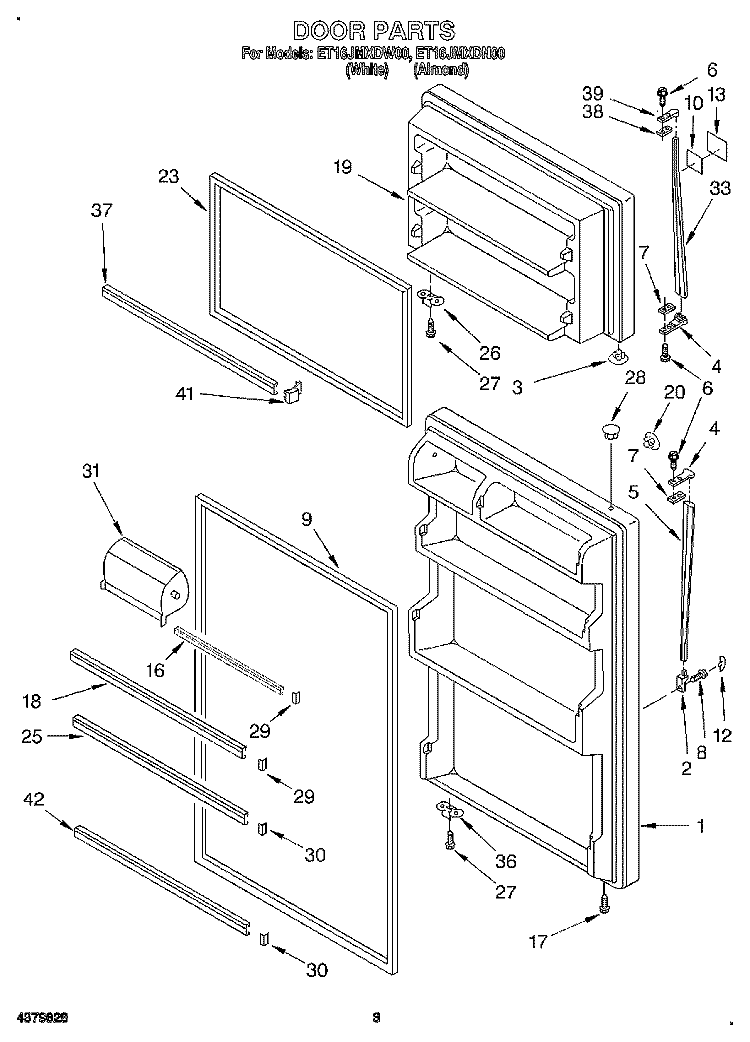 DOOR Diagram and Parts List for ET16JMXDW00  Whirlpool Refrigerator