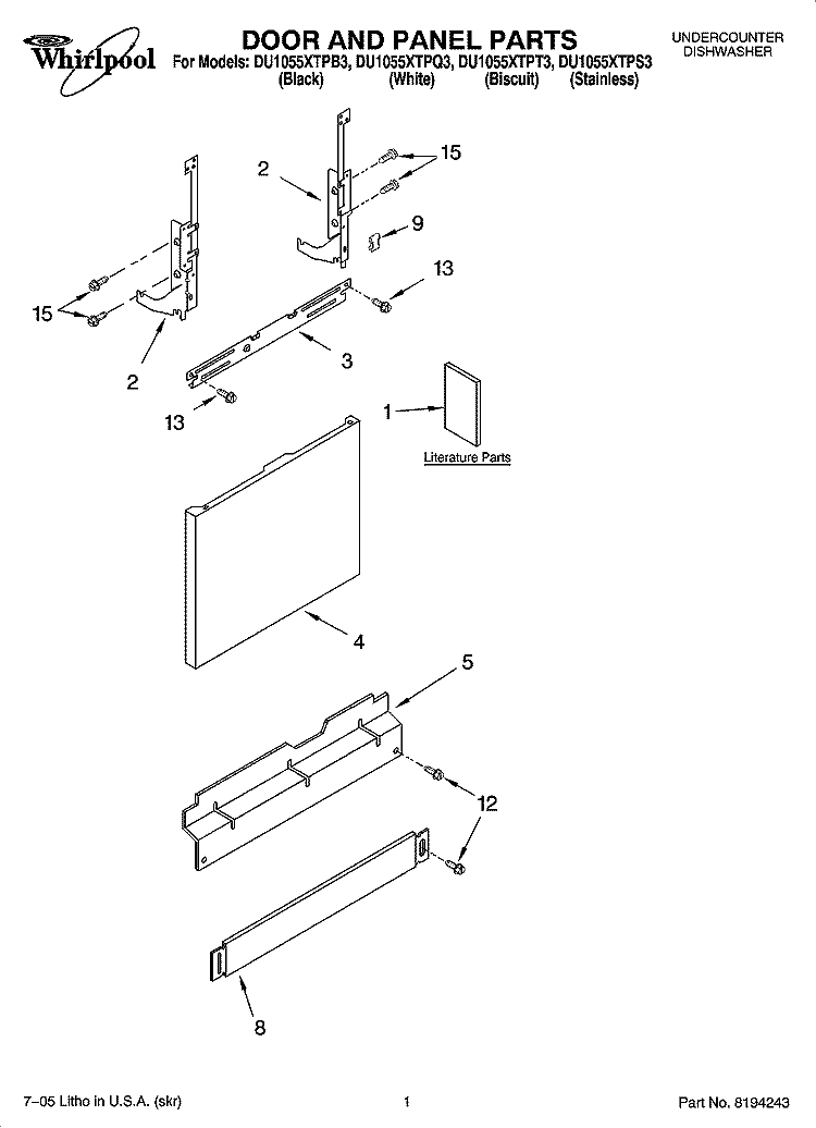 DOOR AND PANEL PARTS Diagram and Parts List for DU1055XTPS3  Whirlpool Dishwasher