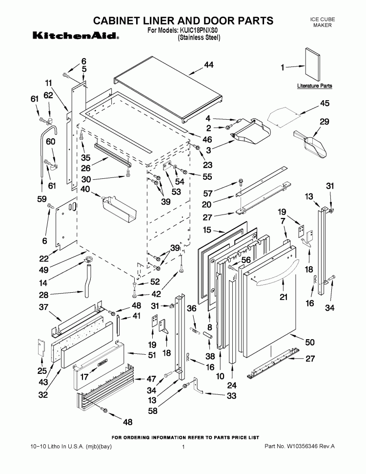 CABINET LINER AND DOOR PARTS Diagram and Parts List for KUIC18PNXS0  KitchenAid Ice Maker