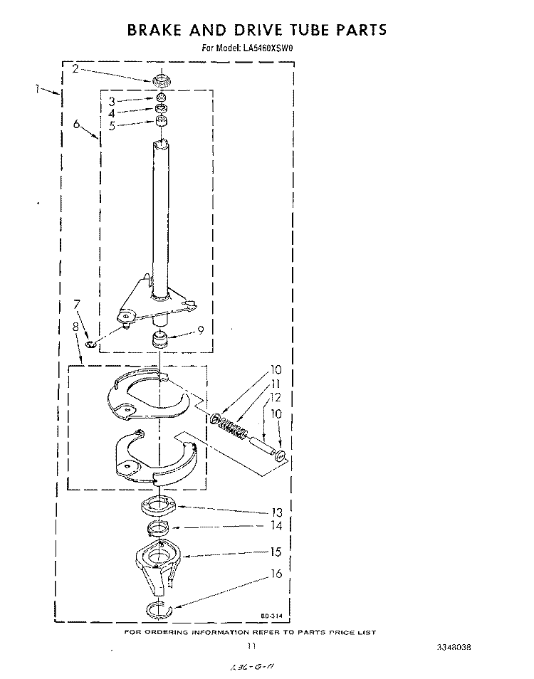 BRAKE AND DRIVE TUBE Diagram and Parts List for LA5460XSW0  Whirlpool Washer
