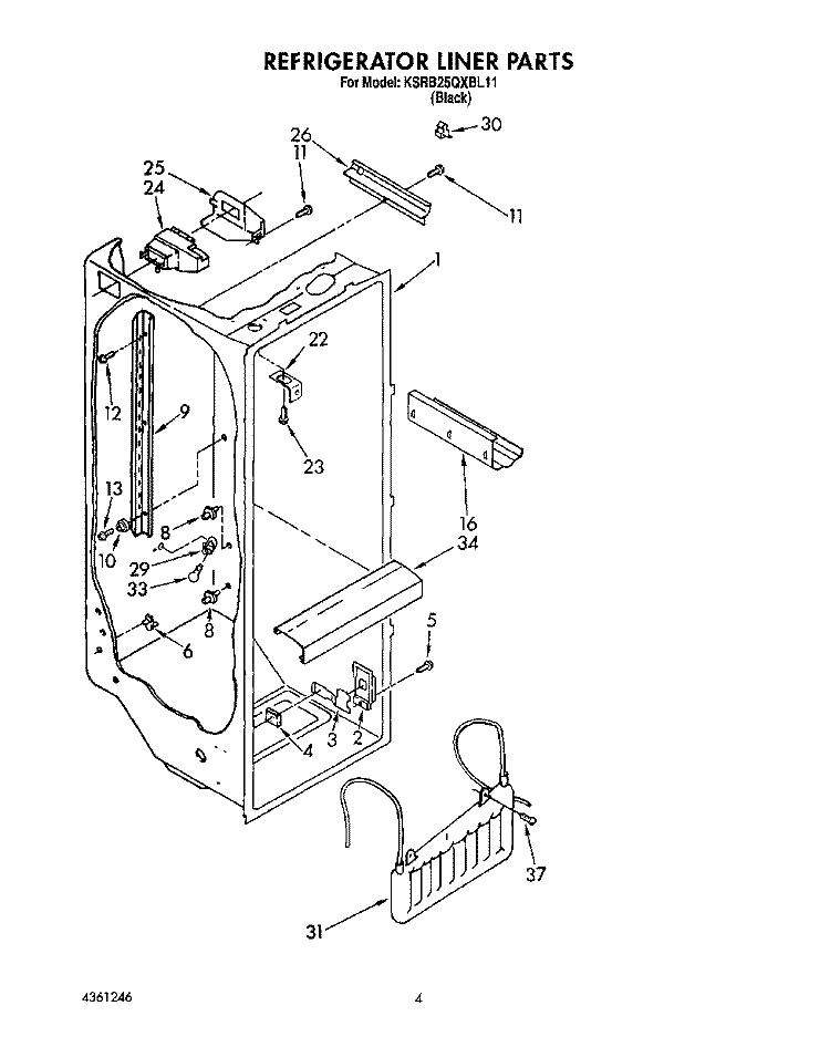REFRIGERATOR LINER Diagram and Parts List for KSRB25QXBL11  KitchenAid Refrigerator