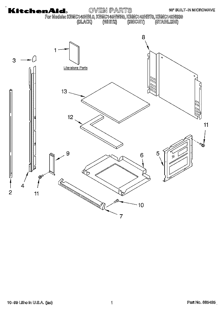 OVEN, LITERATURE Diagram and Parts List for KBMC140HBT0  KitchenAid Microwave Oven Combo