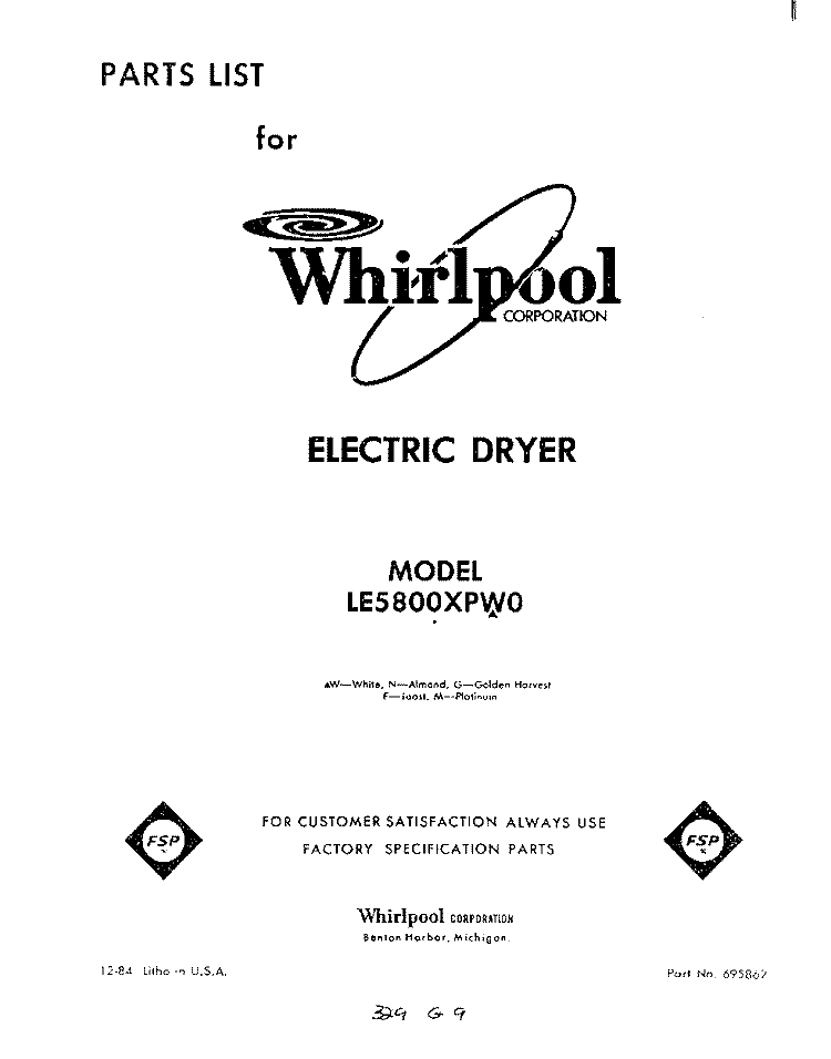 SECTION Diagram and Parts List for LE5800XPW0  Whirlpool Dryer
