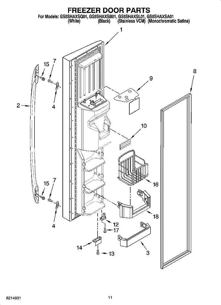 FREEZER DOOR PARTS Diagram and Parts List for GS5SHAXSA01  Whirlpool Refrigerator