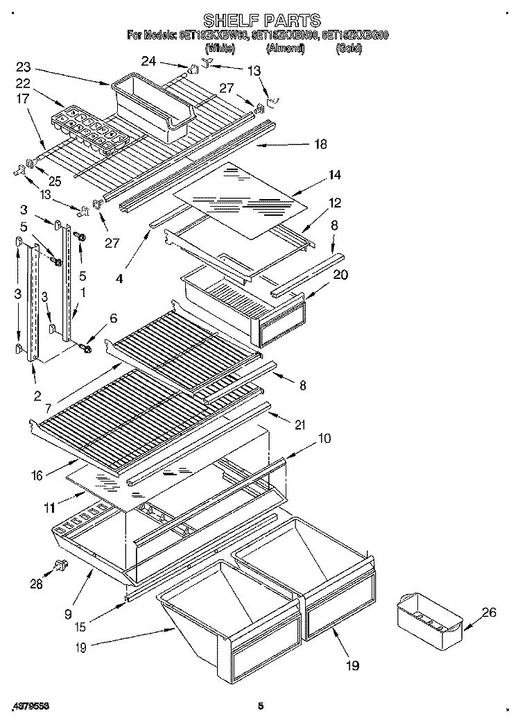 SHELF Diagram and Parts List for 8ET18ZKXBG00  Whirlpool Refrigerator