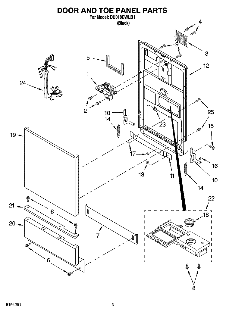 DOOR AND TOE PANEL PARTS Diagram and Parts List for DU018DWLB1  Whirlpool Dishwasher