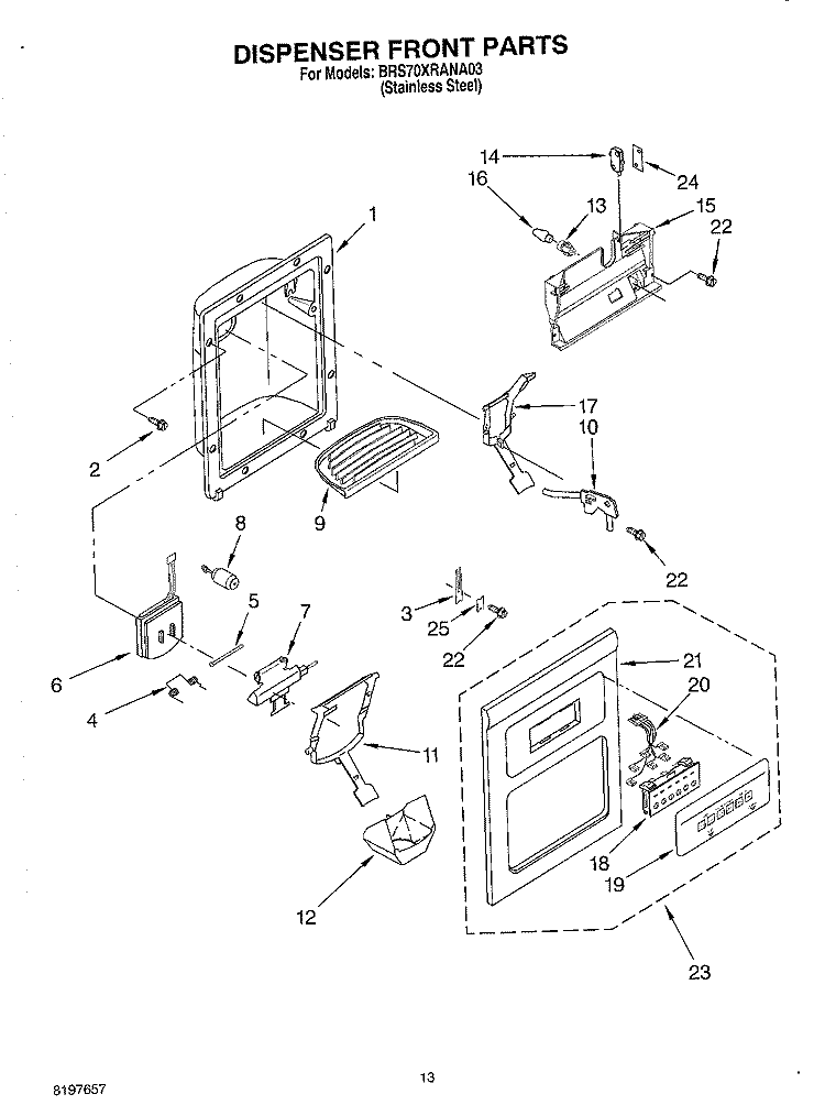 DISPENSER FRONT Diagram and Parts List for BRS70XRANA03  Whirlpool Refrigerator