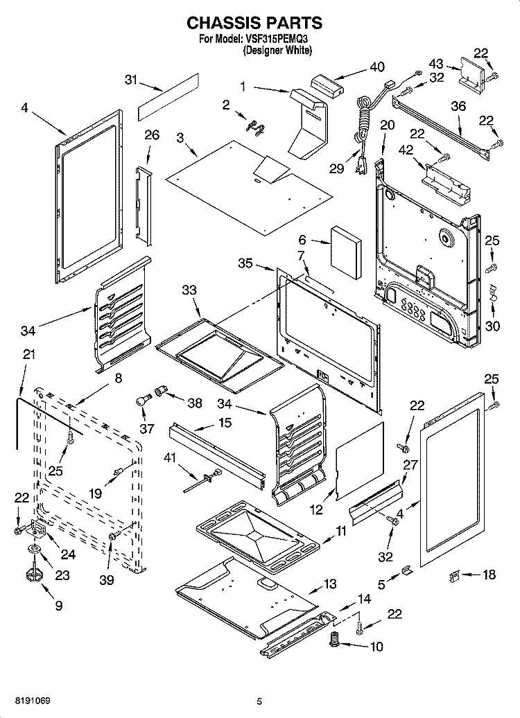 CHASSIS PARTS Diagram and Parts List for VSF315PEMQ3  Whirlpool Range