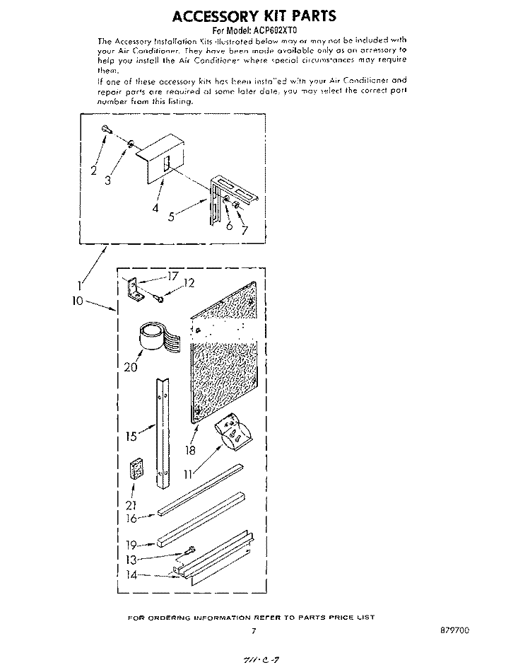 ACCESSORY KIT Diagram and Parts List for ACP602XT0  Whirlpool Air Conditioner