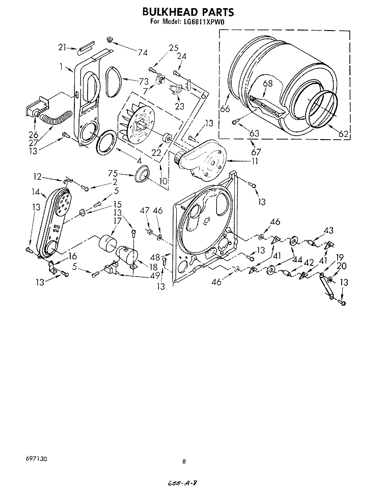 BULKHEAD Diagram and Parts List for LG6811XPW0  Whirlpool Dryer