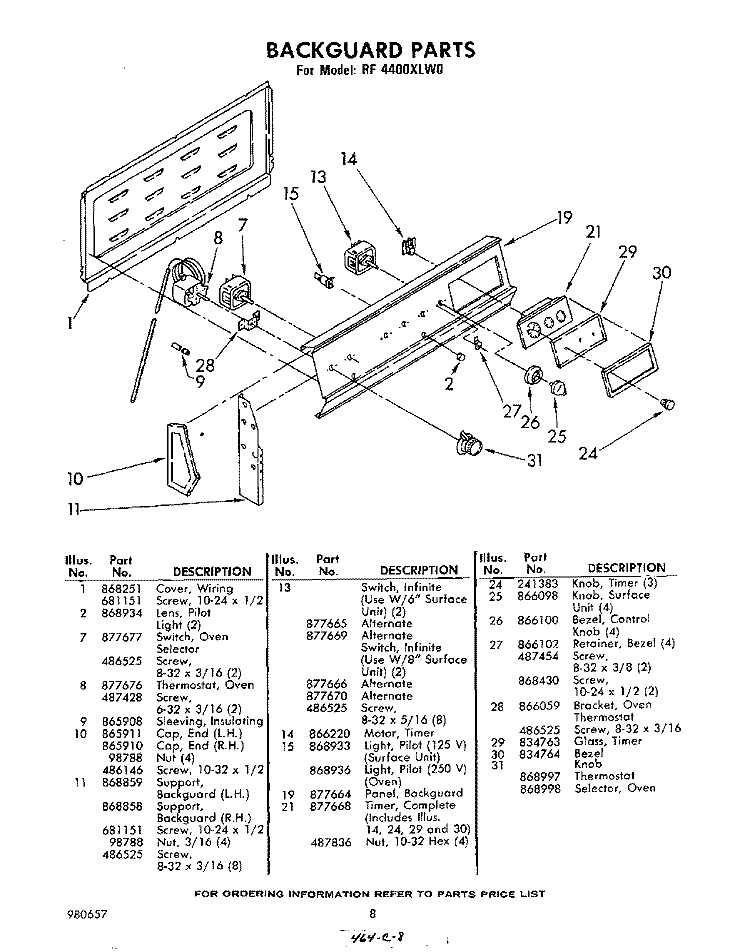 BACKGUARD , LITERATURE AND OPTIONAL Diagram and Parts List for RF4400XLW0  Whirlpool Range