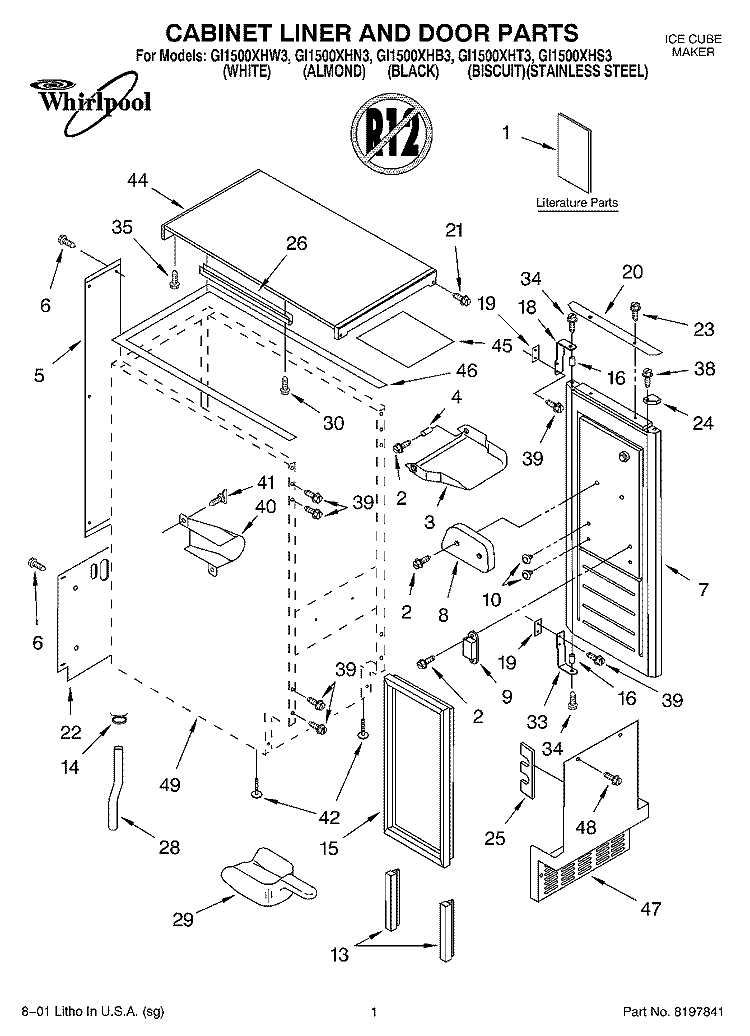 CABINET LINER AND DOOR, LIT/OPTIONAL Diagram and Parts List for GI1500XHN3  Whirlpool Ice Maker
