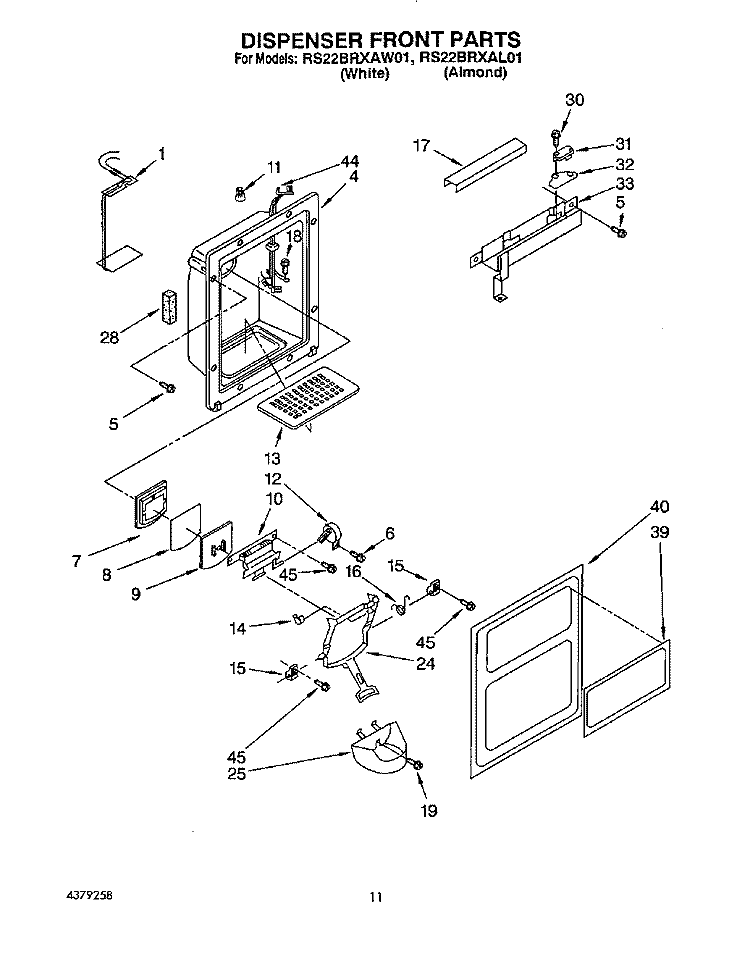DISPENSER FRONT Diagram and Parts List for RS22BRXAL01  Roper Refrigerator