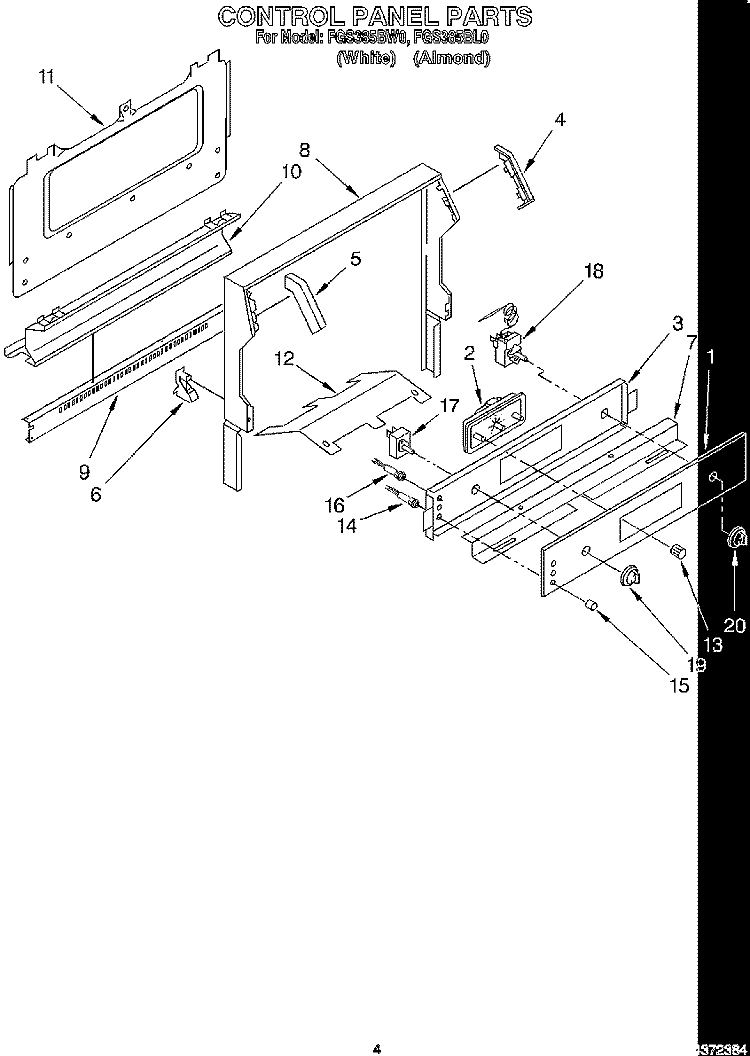 CONTROL PANEL Diagram and Parts List for FGS385BL0  Roper Range