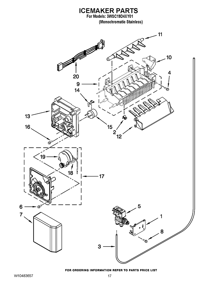 ICEMAKER PARTS Diagram and Parts List for 3WSC19D4XY01  Whirlpool Refrigerator