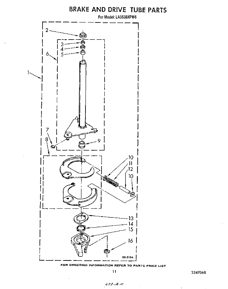 BRAKE AND DRIVE TUBE Diagram and Parts List for LA5530XPW6  Whirlpool Washer