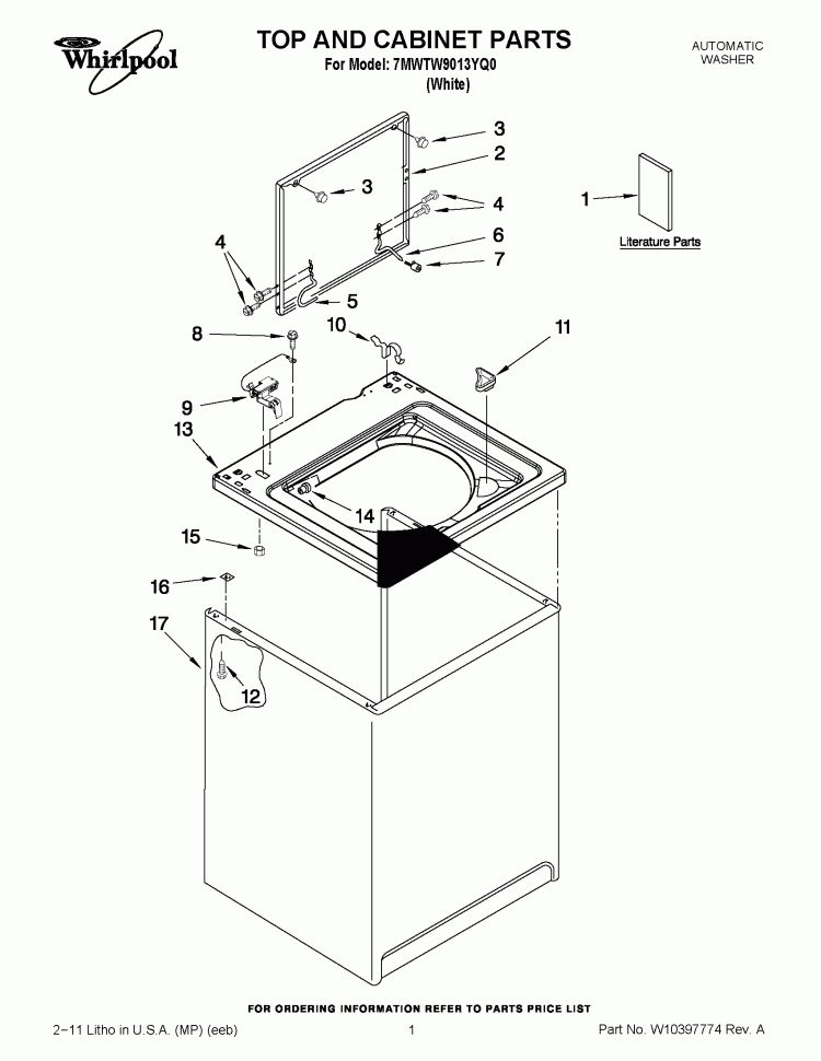 TOP AND CABINET PARTS Diagram and Parts List for 7MWTW9013YQ0  Whirlpool Washer