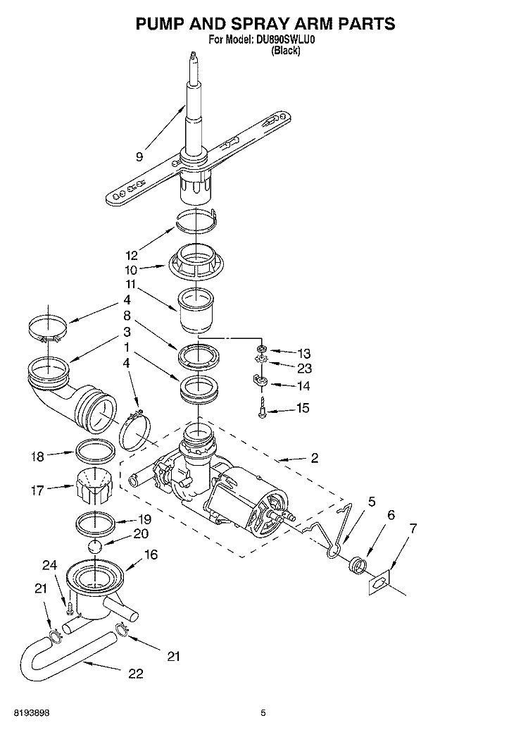 PUMP AND SPRAY ARM PARTS Diagram and Parts List for DU890SWLU0  Whirlpool Dishwasher
