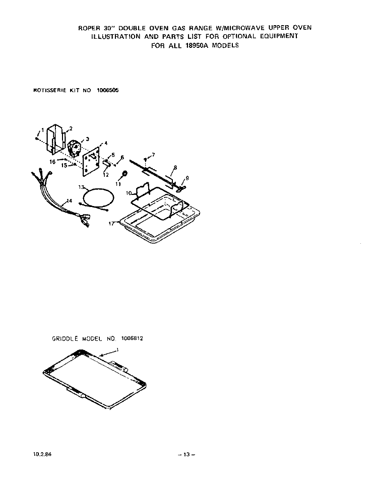 ROTISSERIE , GRIDDLE Diagram and Parts List for 1895^0A  Whirlpool Wall Oven