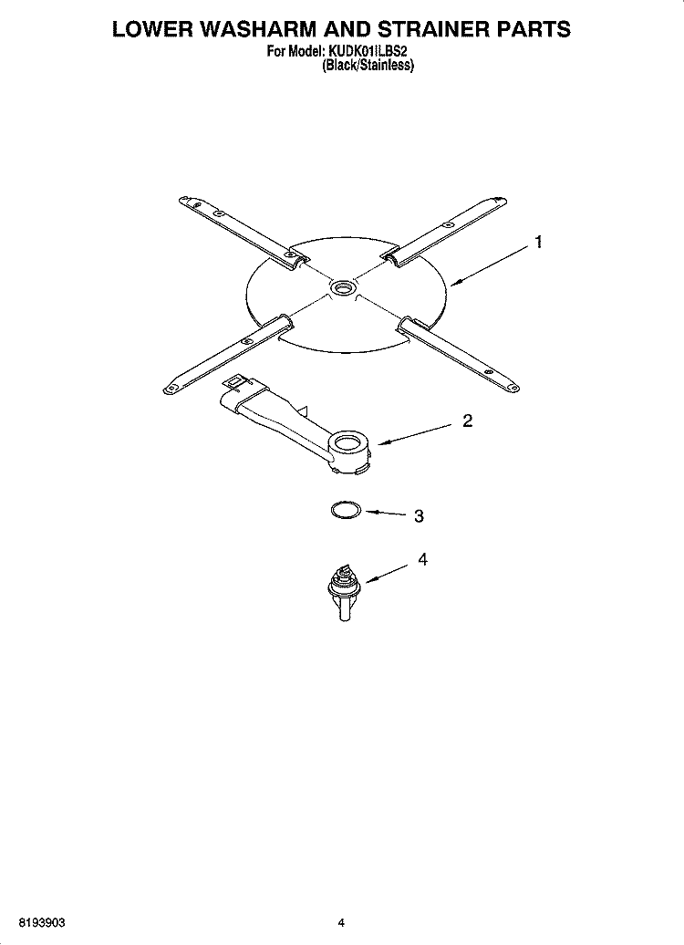LOWER WASHARM AND STRAINER PARTS Diagram and Parts List for KUDK01ILBS2  KitchenAid Dishwasher