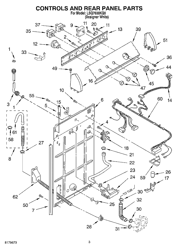 CONTROLS AND REAR PANEL Diagram and Parts List for LSQ7030KQ0  Whirlpool Washer