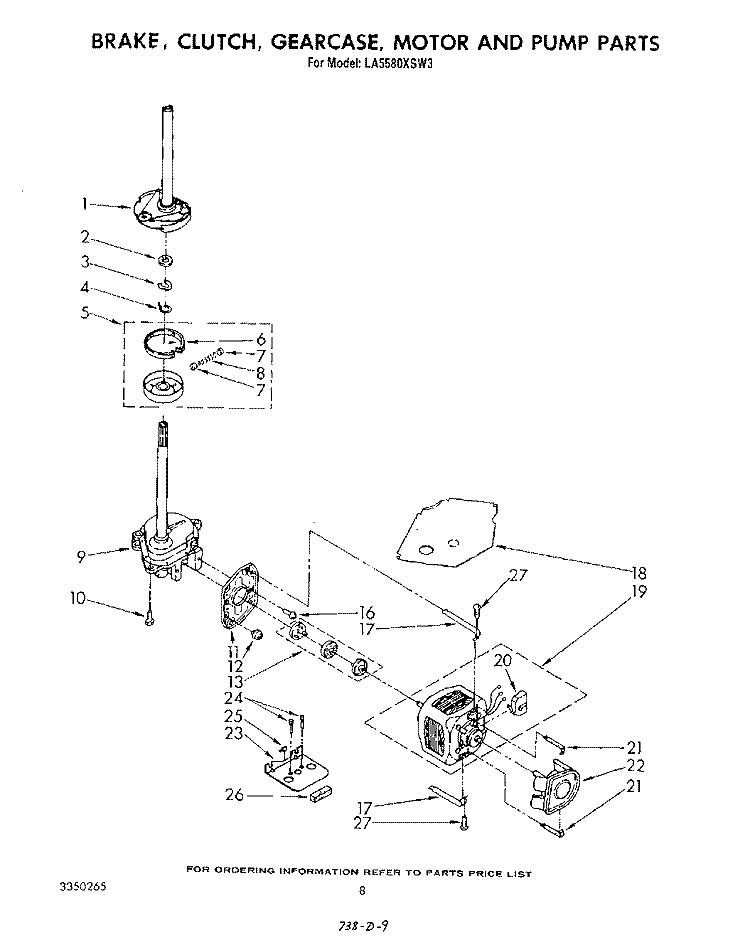 BRAKE, CLUTCH, GEARCASE, MOTOR AND PUMP Diagram and Parts List for LA5580XSW3  Whirlpool Washer