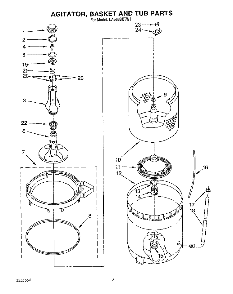 AGITATOR, BASKET AND TUB Diagram and Parts List for LA6888XTG1  Whirlpool Washer