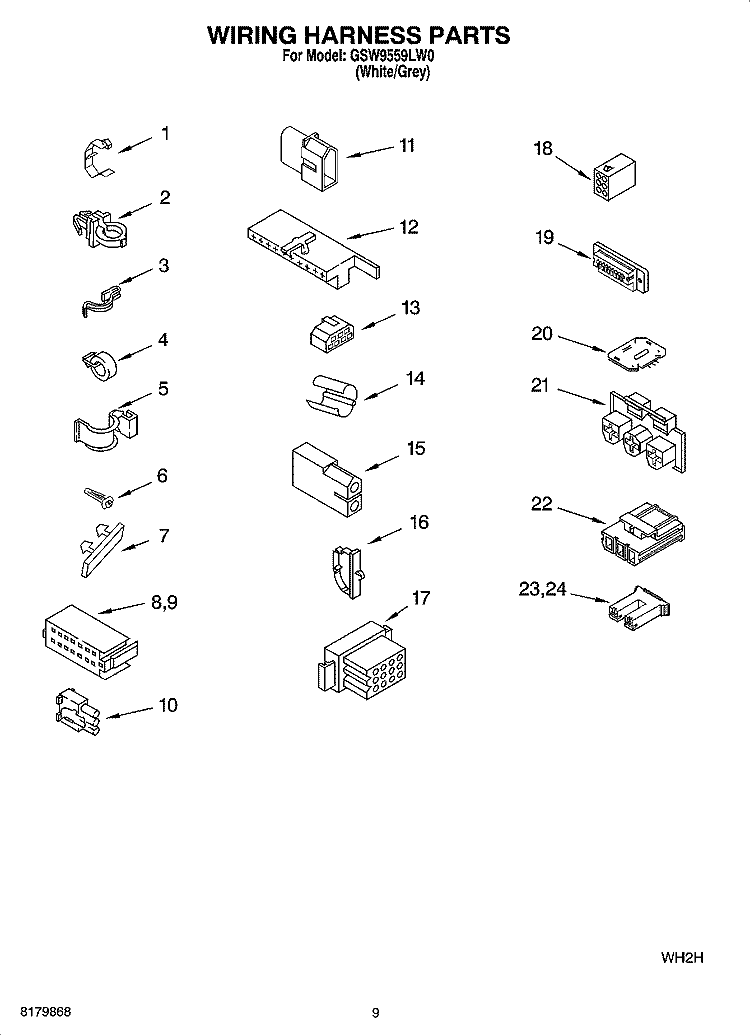WIRING HARNESS PARTS Diagram and Parts List for GSW9559LW0  Whirlpool Washer