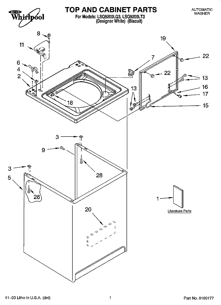 TOP AND CABINET PARTS Diagram and Parts List for LSQ9200LT3  Whirlpool Washer