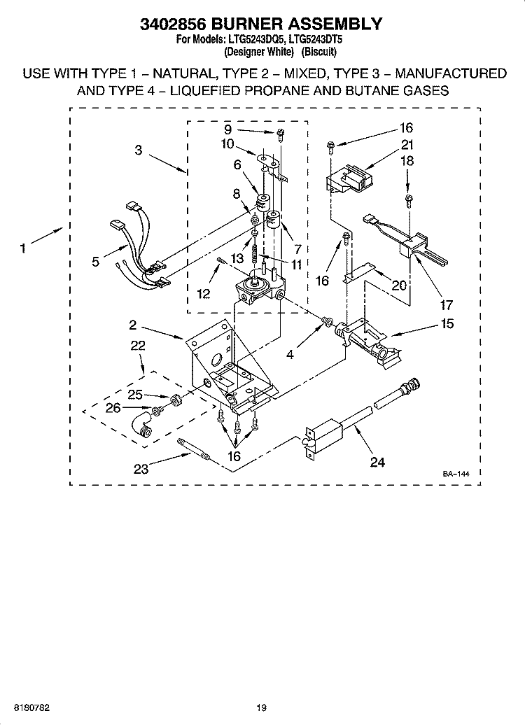 3402856 BURNER ASSEMBLY, OPTIONAL PARTS (NOT INCLUDED) Diagram and Parts List for LTG5243DT5  Whirlpool Washer Dryer Combo