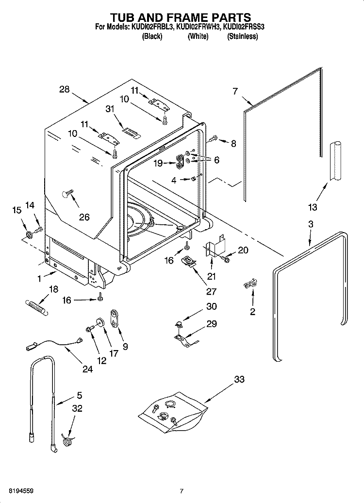 TUB AND FRAME PARTS Diagram and Parts List for KUDI02FRWH3  KitchenAid Dishwasher