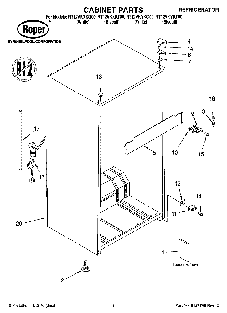 CABINET PARTS Diagram and Parts List for RT12VKYKT00  Roper Refrigerator