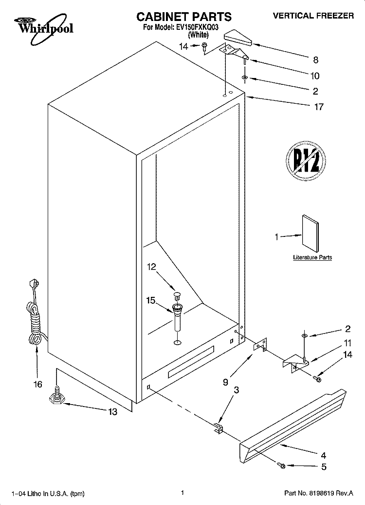 CABINET PARTS Diagram and Parts List for EV150FXKQ03  Whirlpool Freezer
